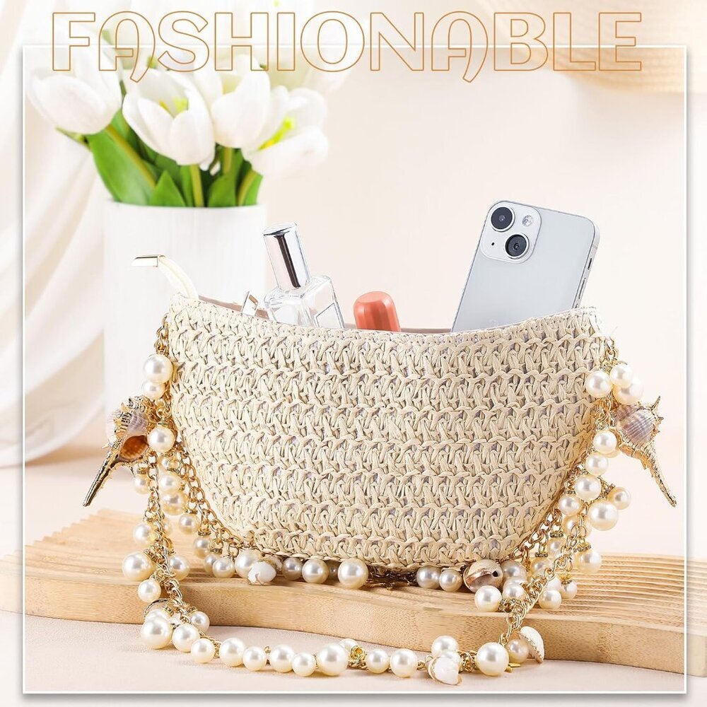 Chic Cloud Dumpling Straw Handbag With Pearl Stra… - image 6
